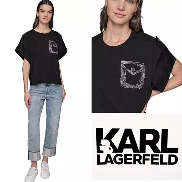 Karl Lagerfeld Tops - Karl Lagerfeld Relaxed Fit Sparkly Embellished Faux Pocket Tee